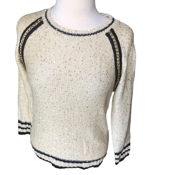 Francesca's Collections Sweater Gold Embellished Shimmery Cream & Black S/M NWT - Picture 1 of 6